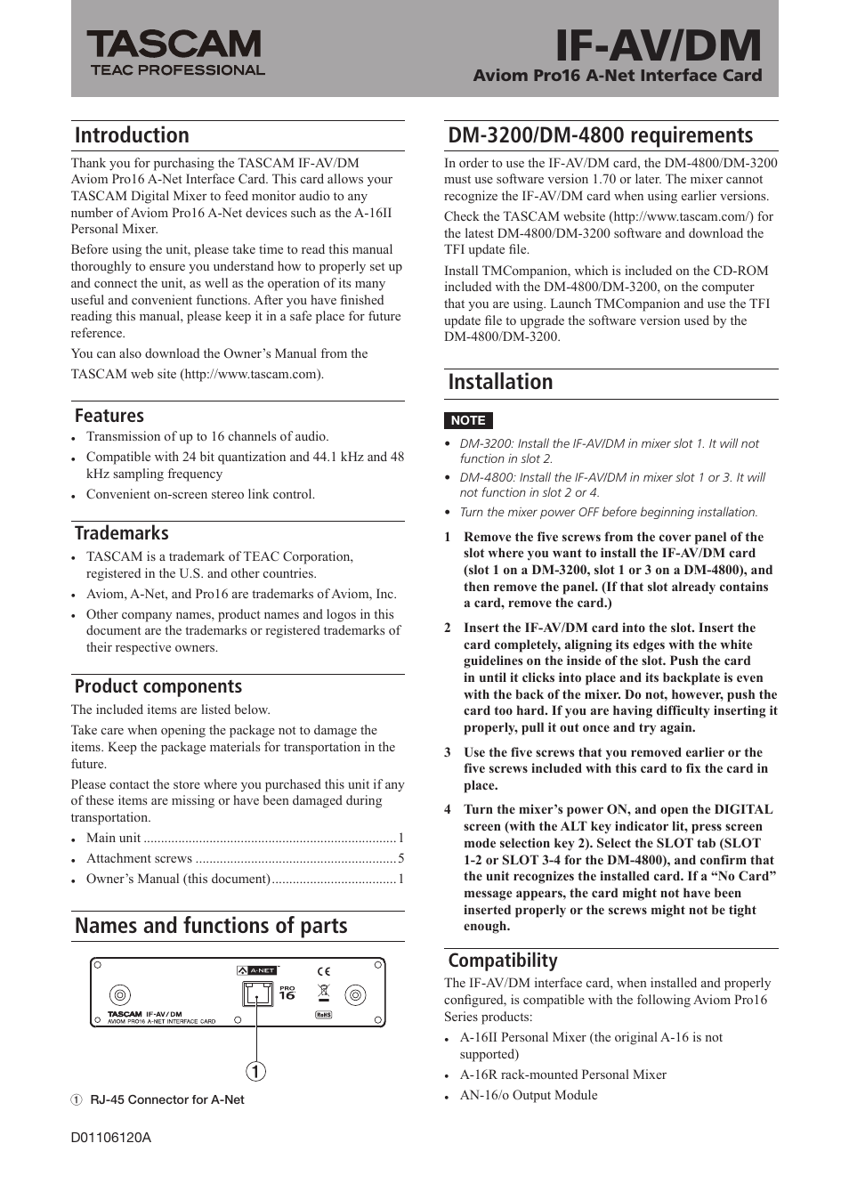 Tascam AVIOM PRO16 DM-3200 User Manual | 4 pages