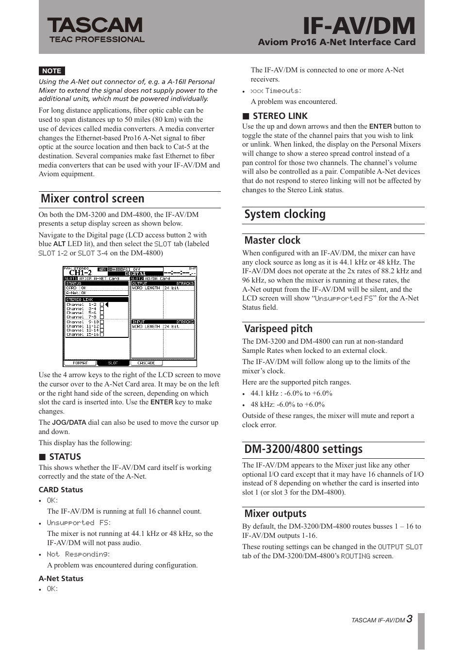 If-av/dm, Mixer control screen, System clocking | Master clock, Varispeed pitch, Mixer outputs | Tascam AVIOM PRO16 DM-3200 User Manual | Page 3 / 4