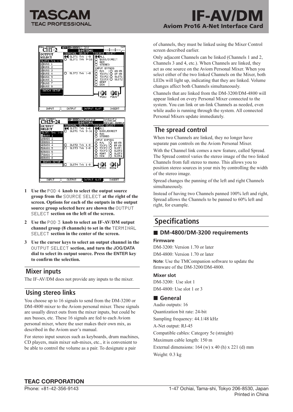 If-av/dm, Specifications, Mixer inputs | Using stereo links, The spread control | Tascam AVIOM PRO16 DM-3200 User Manual | Page 4 / 4