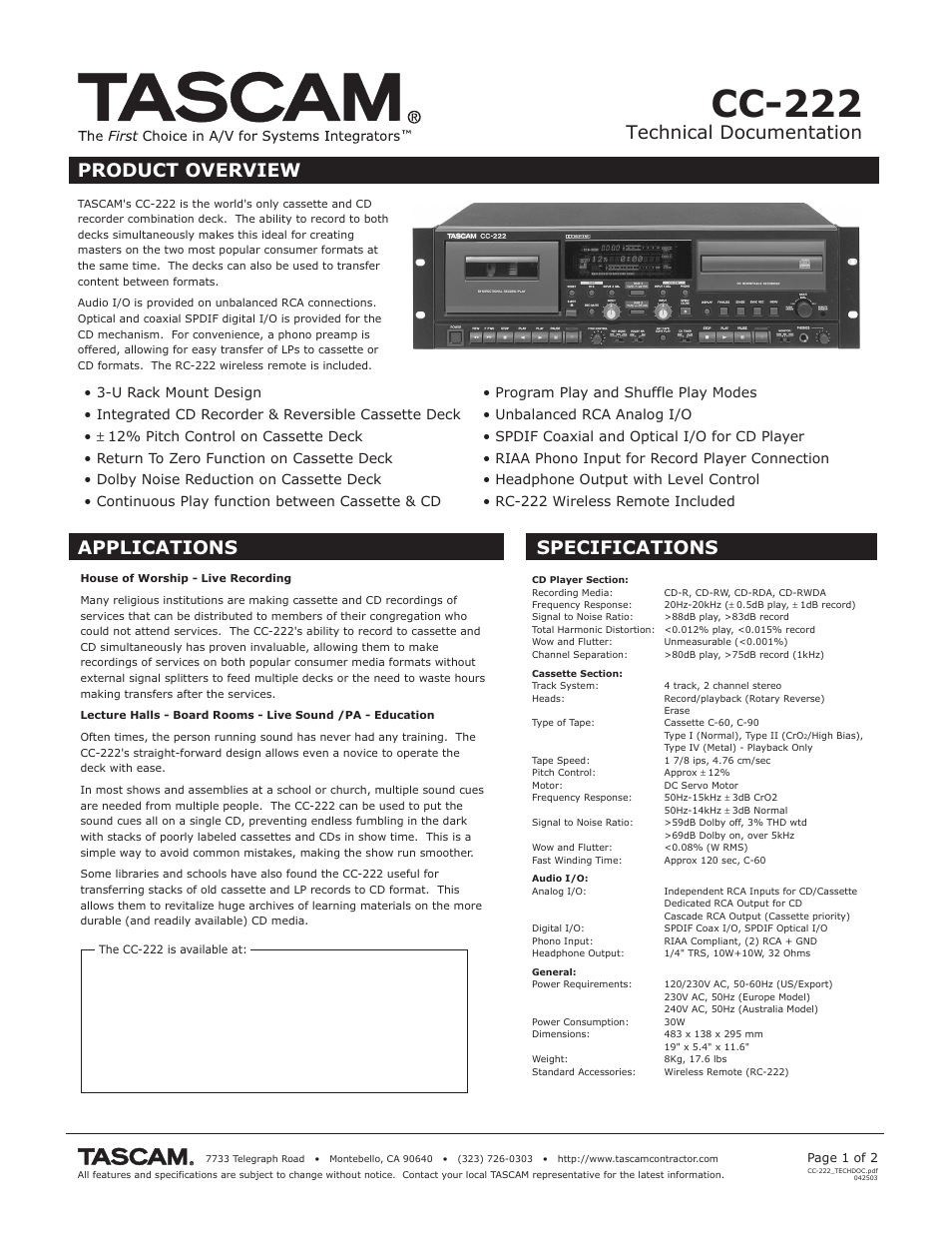 Tascam CC-222 User Manual | 2 pages