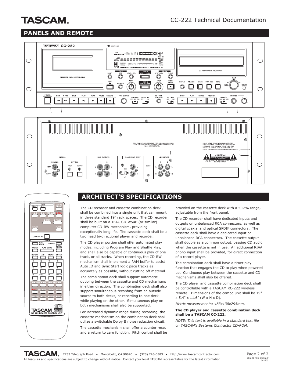 Cc-222 technical documentation, Panels and remote architect's specifications | Tascam CC-222 User Manual | Page 2 / 2