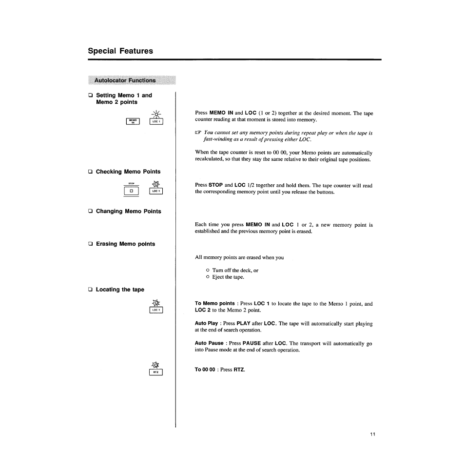 Autoiocator functions, Setting memo 1 and memo 2 points, Checking memo points | Changing memo points, Erasing memo points, Locating the tape, Special features | Tascam 122MKIII User Manual | Page 11 / 20