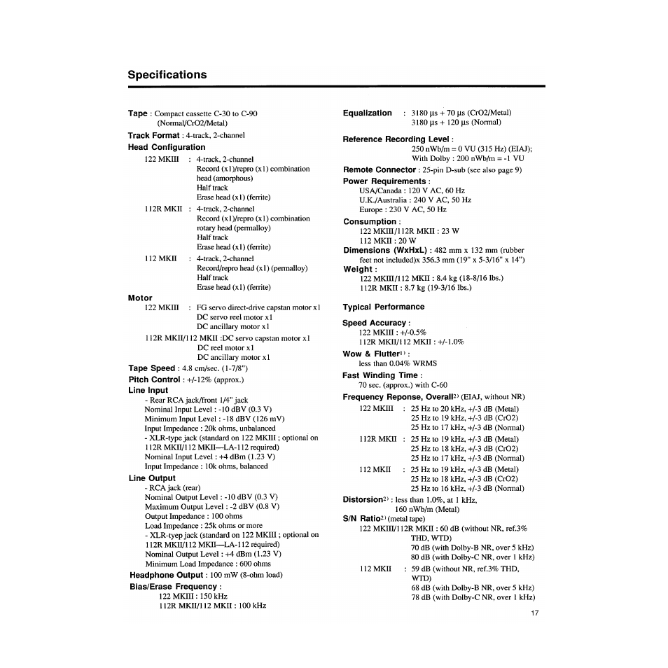 Motor, Line input, Line output | Bias/erase frequency, Reference recording level, Consumption, Typical performance, Speed accuracy, Wow & flutter, Fast winding time | Tascam 122MKIII User Manual | Page 17 / 20