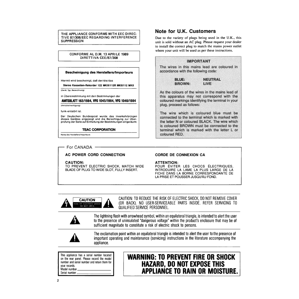 Ac power cord connection caution, Corde de connexion ca attention, Caution | Tascam 122MKIII User Manual | Page 2 / 20