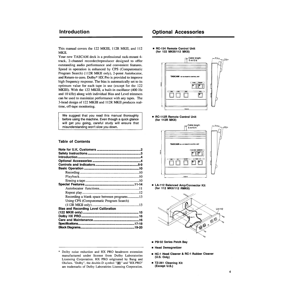 Introduction optional accessories | Tascam 122MKIII User Manual | Page 4 / 20