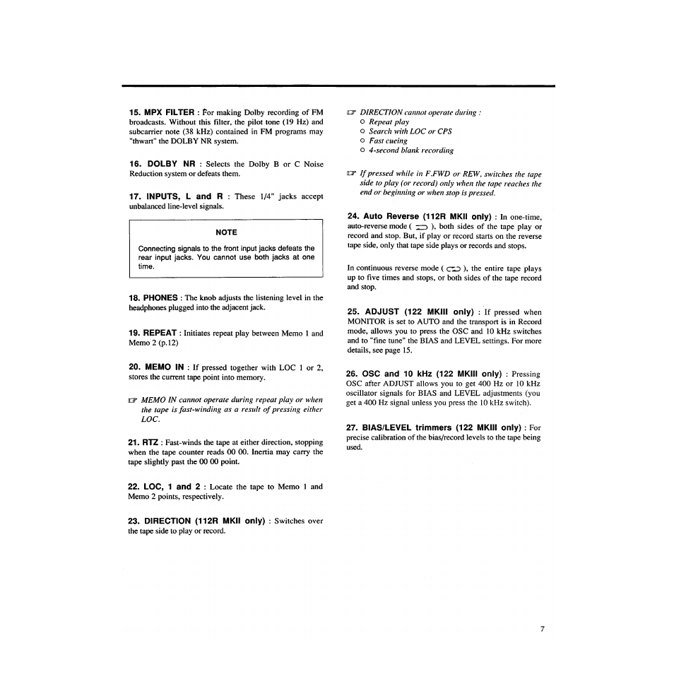 Auto reverse (112r mkii only) : in one-time, Osc and 10 khz (122 mkiii only), Bias/level trimmers (122 mkiii only) : for | Tascam 122MKIII User Manual | Page 7 / 20