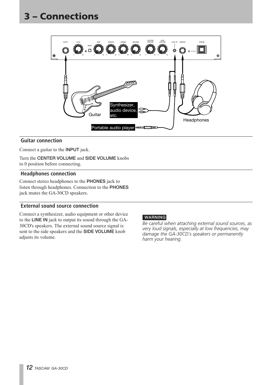 3 - connections, Guitar connection, Headphones connection | External sound source connection, 3 – connections, Guitar connection headphones connection, 2 – part names and functions | Tascam GA-30CD User Manual | Page 12 / 24