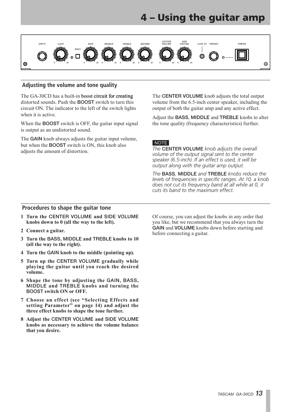 4 - using the guitar amp, Adjusting the volume and tone quality, Procedures to shape the guitar tone | 4 – using the guitar amp, 2 – part names and functions | Tascam GA-30CD User Manual | Page 13 / 24