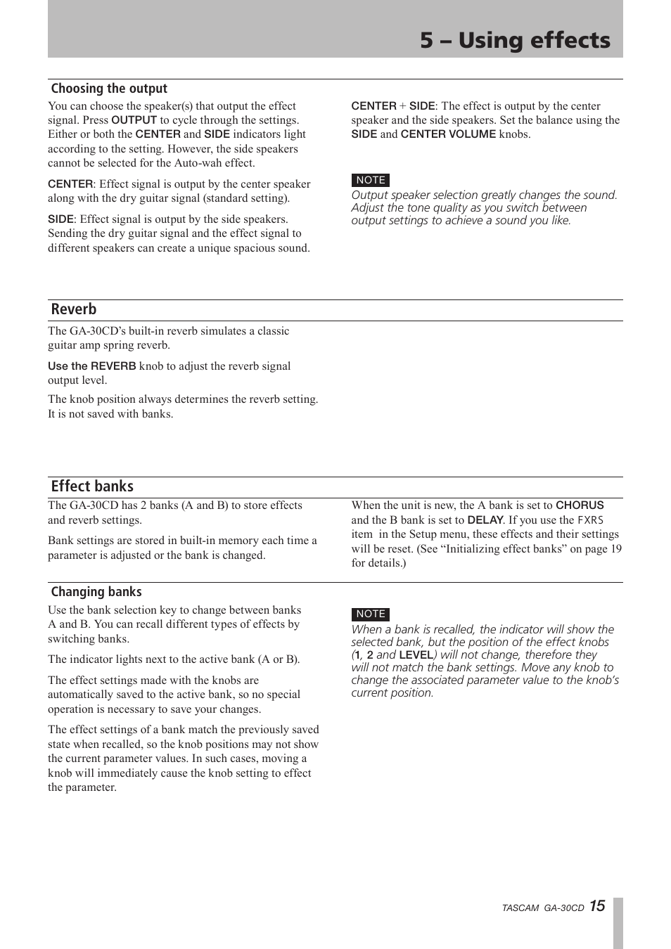 Choosing the output, Reverb, Effect banks | Changing banks, 5 – using effects, Reverb effect banks | Tascam GA-30CD User Manual | Page 15 / 24