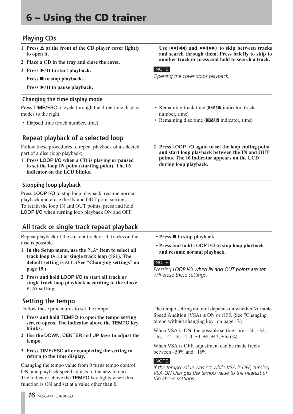 6 - using the cd trainer, Playing cds, Changing the time display mode | Repeat playback of a selected loop, Stopping loop playback, All track or single track repeat playback, Setting the tempo, 6 – using the cd trainer, Important safety precautions | Tascam GA-30CD User Manual | Page 16 / 24