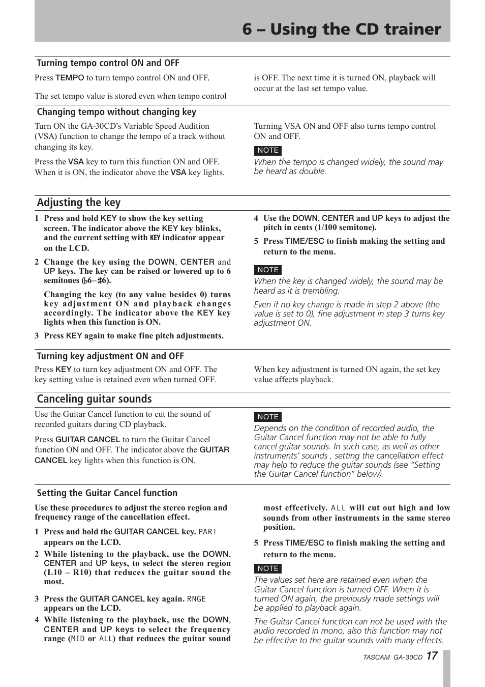 Turning tempo control on and off, Changing tempo without changing key, Adjusting the key | Turning key adjustment on and off, Canceling guitar sounds, Setting the guitar cancel function, Important safety instructions, 6 – using the cd trainer | Tascam GA-30CD User Manual | Page 17 / 24