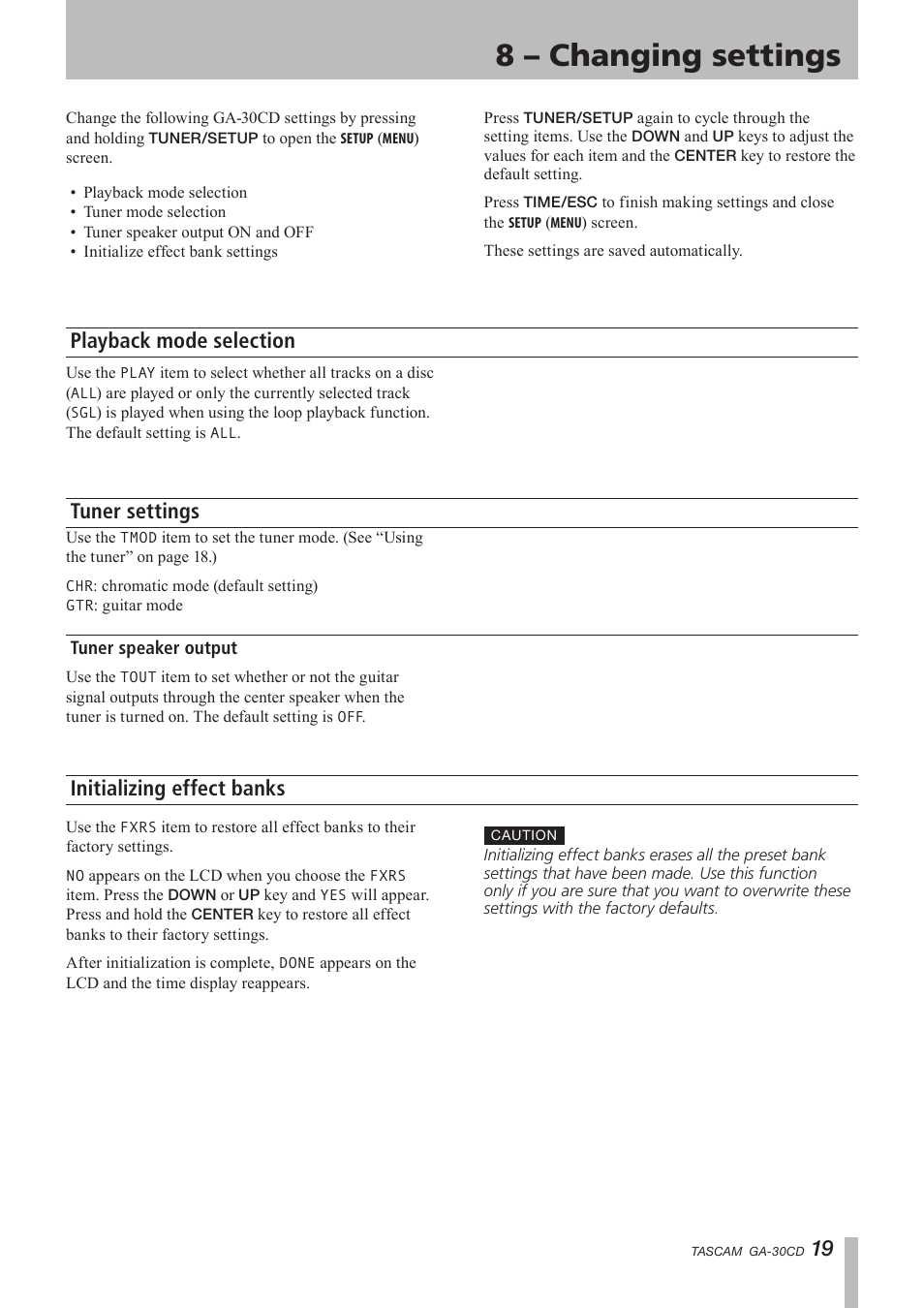 8 - changing settings, Playback mode selection, Tuner settings | Tuner speaker output, Initializing effect banks, 8 – changing settings, Important safety instructions | Tascam GA-30CD User Manual | Page 19 / 24