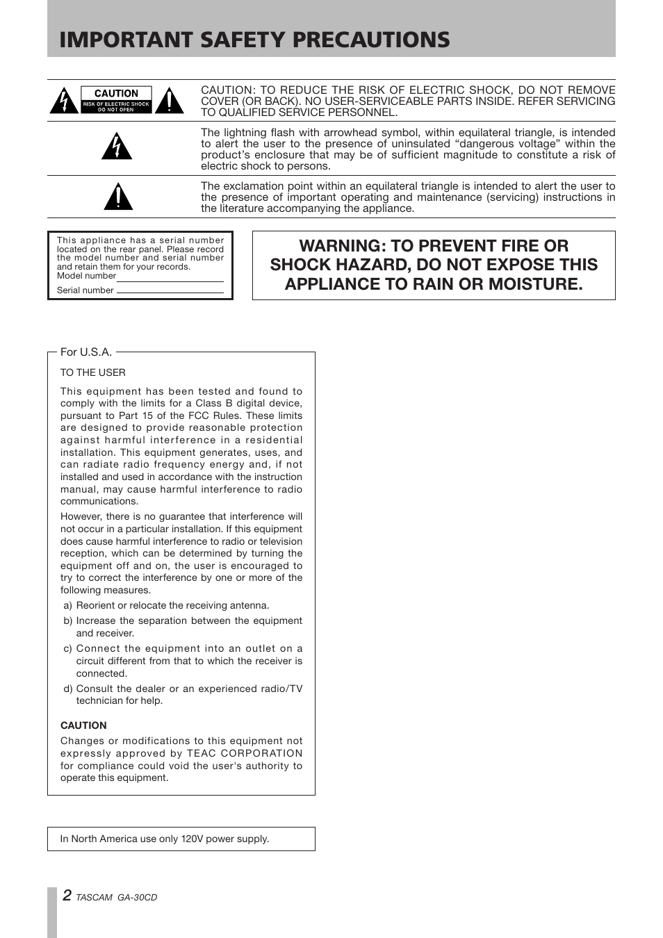 Important safety precautions | Tascam GA-30CD User Manual | Page 2 / 24