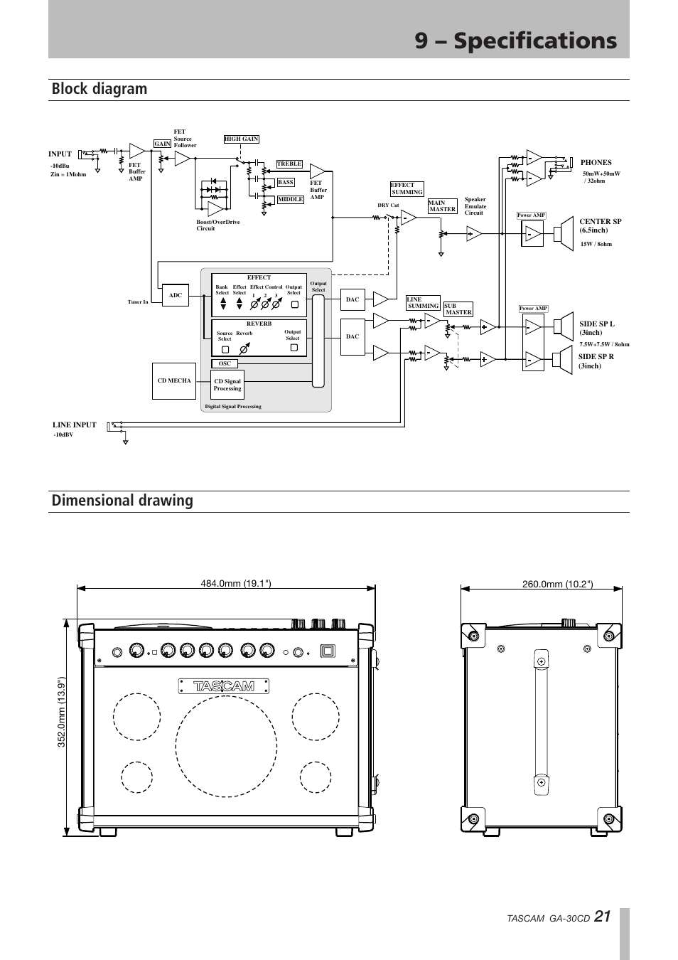 Block diagram, Dimensional drawing, Important safety instructions | 9 – specifications, Block diagram dimensional drawing | Tascam GA-30CD User Manual | Page 21 / 24