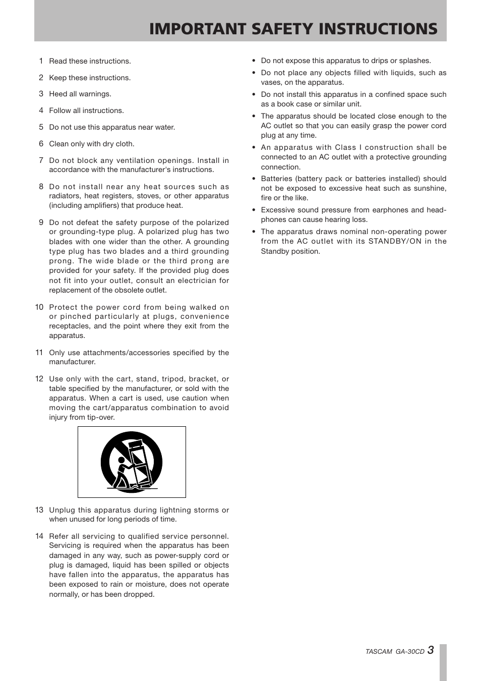 Important safety instructions | Tascam GA-30CD User Manual | Page 3 / 24