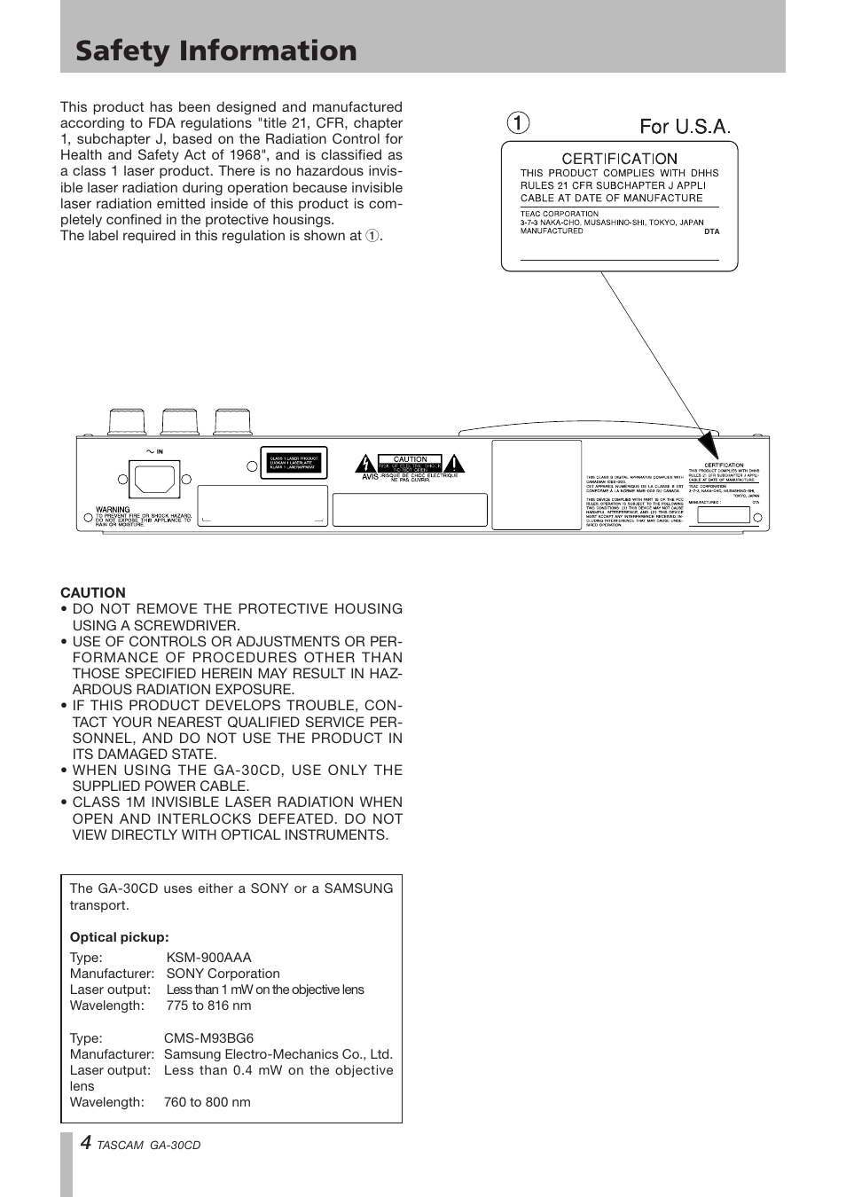 Safety information | Tascam GA-30CD User Manual | Page 4 / 24