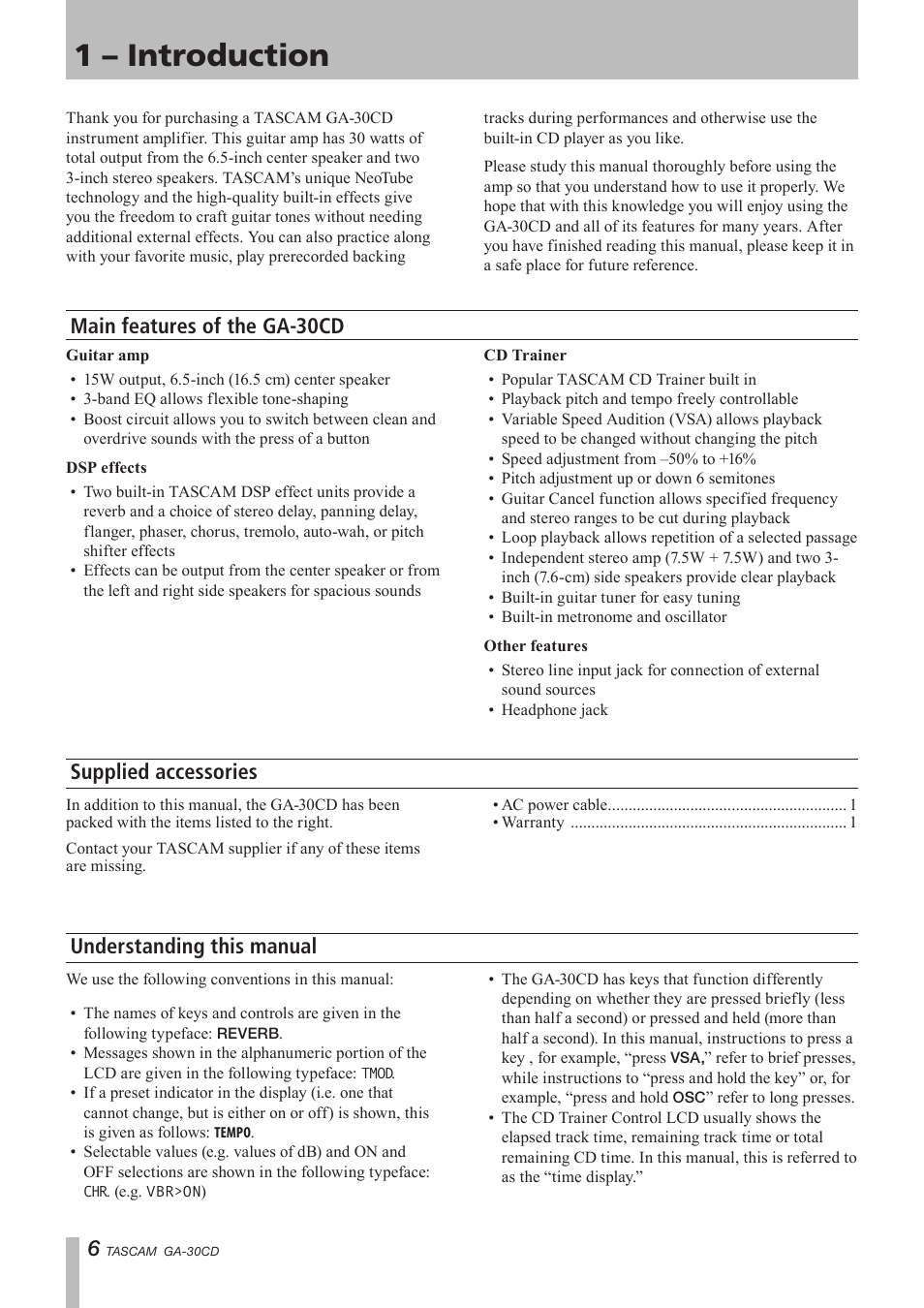 1 - introduction, Main features of the ga-30cd, Supplied accessories | Understanding this manual, 1 – introduction | Tascam GA-30CD User Manual | Page 6 / 24