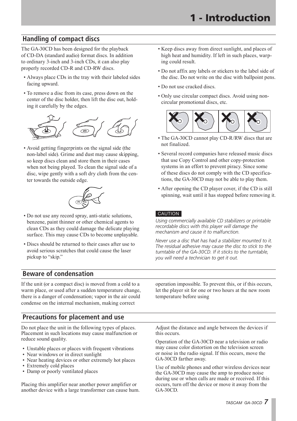 Handling of compact discs, Beware of condensation, Precautions for placement and use | 1 - introduction | Tascam GA-30CD User Manual | Page 7 / 24