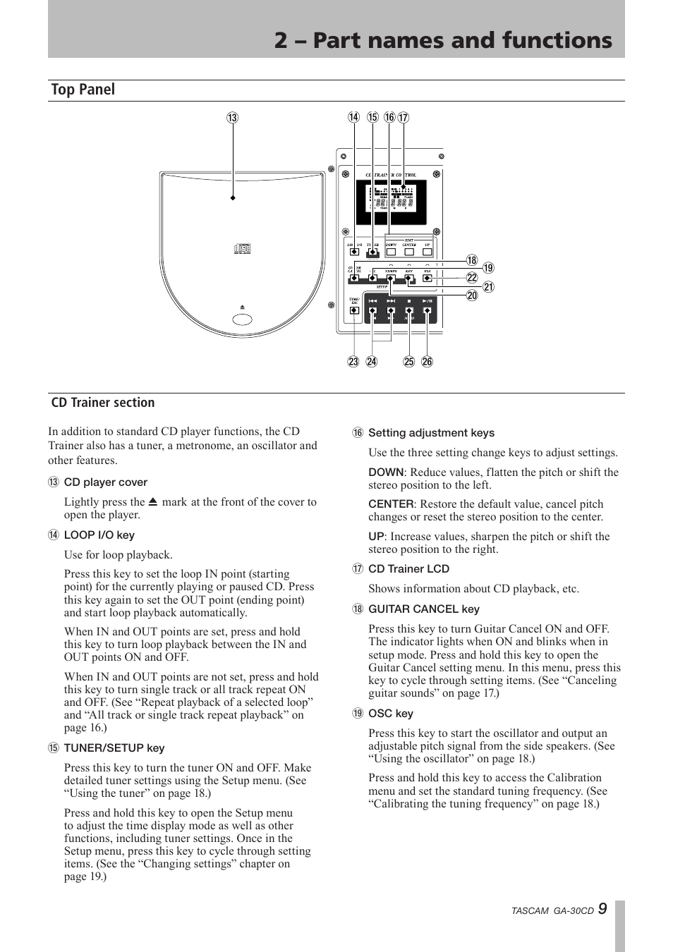 Top panel, Cd trainer section, 2 – part names and functions | Tascam GA-30CD User Manual | Page 9 / 24