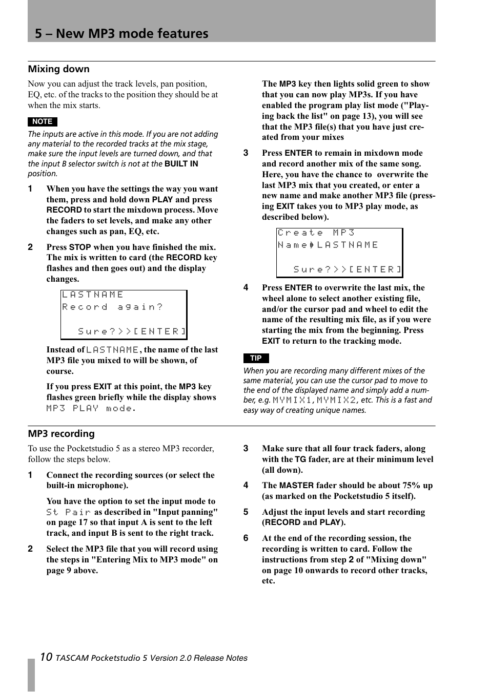 Mixing down, Mp3 recording, Mixing down mp3 recording | 5 – new mp3 mode features | Tascam 5 User Manual | Page 10 / 20