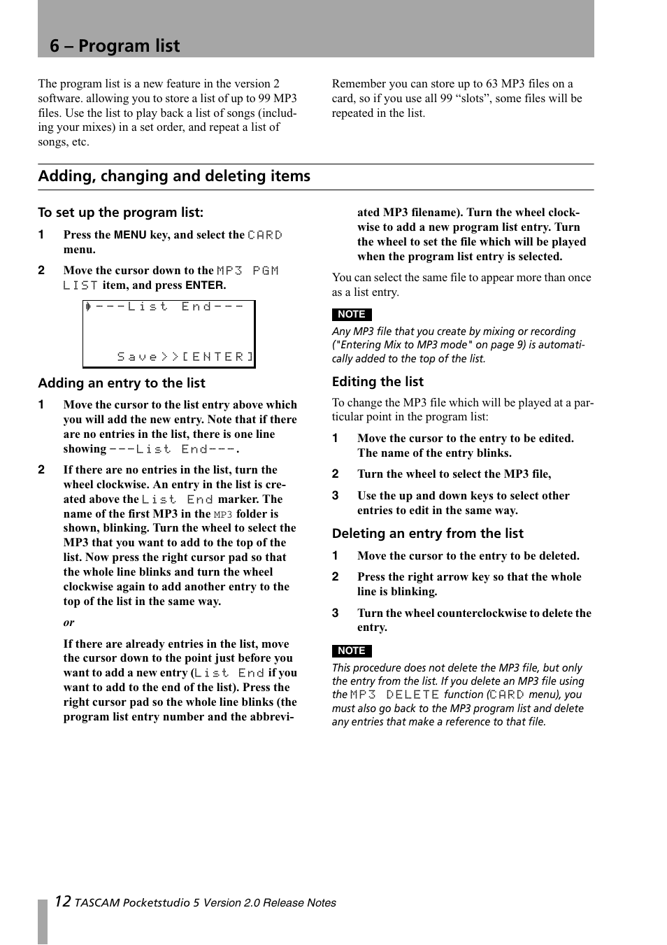 6 - program list, Adding, changing and deleting items, 6 – program list | Tascam 5 User Manual | Page 12 / 20