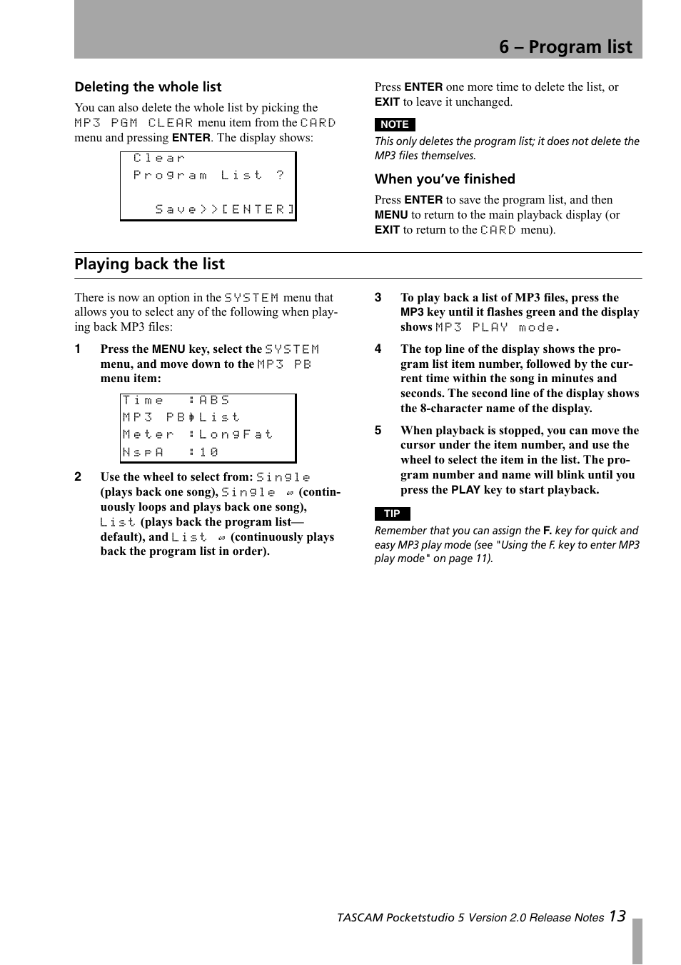 Playing back the list, 6 – program list | Tascam 5 User Manual | Page 13 / 20