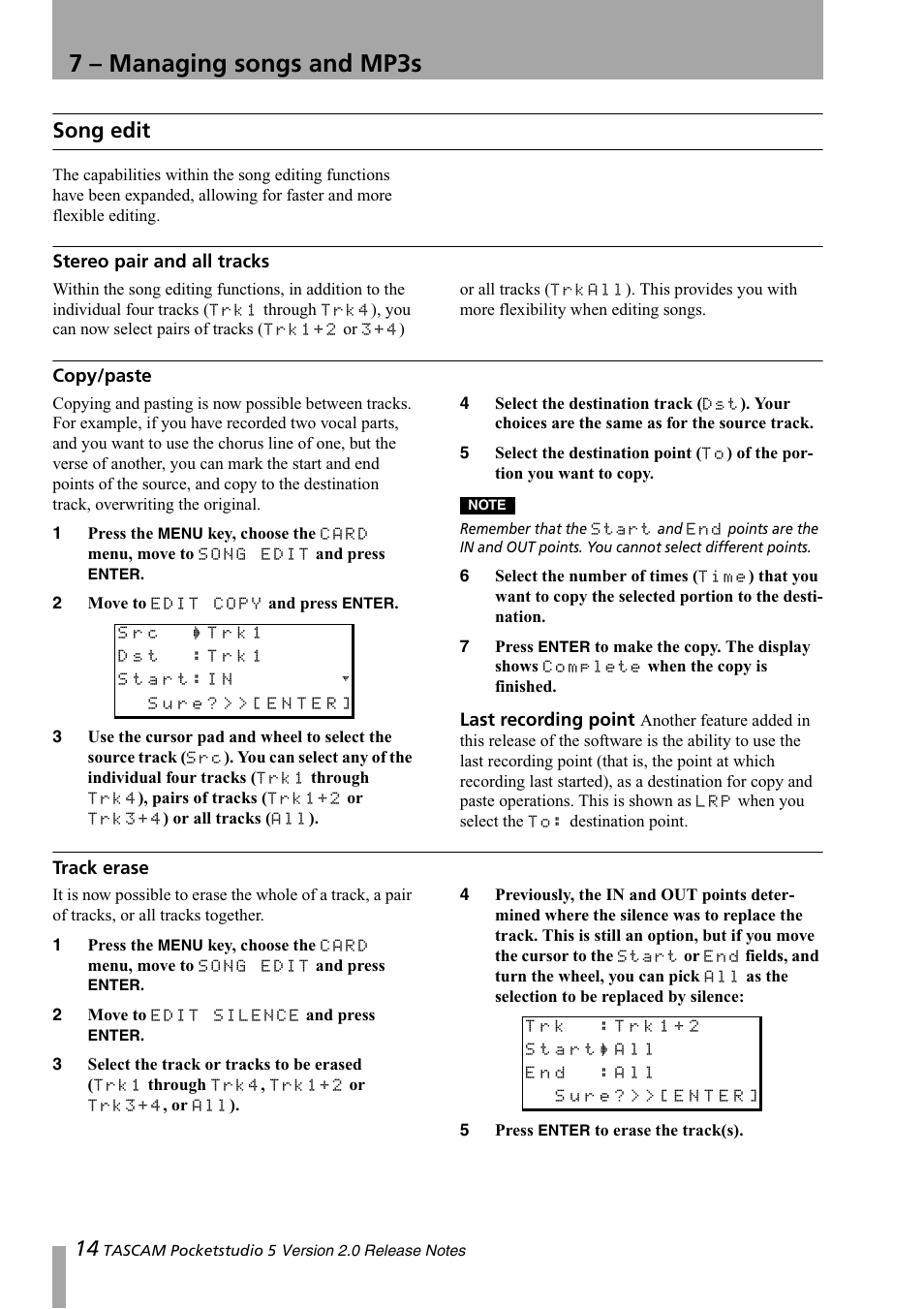 7 - managing songs and mp3s, Song edit, Stereo pair and all tracks | Copy/paste, Track erase, 7 – managing songs and mp3s, Stereo pair and all tracks copy/paste track erase | Tascam 5 User Manual | Page 14 / 20