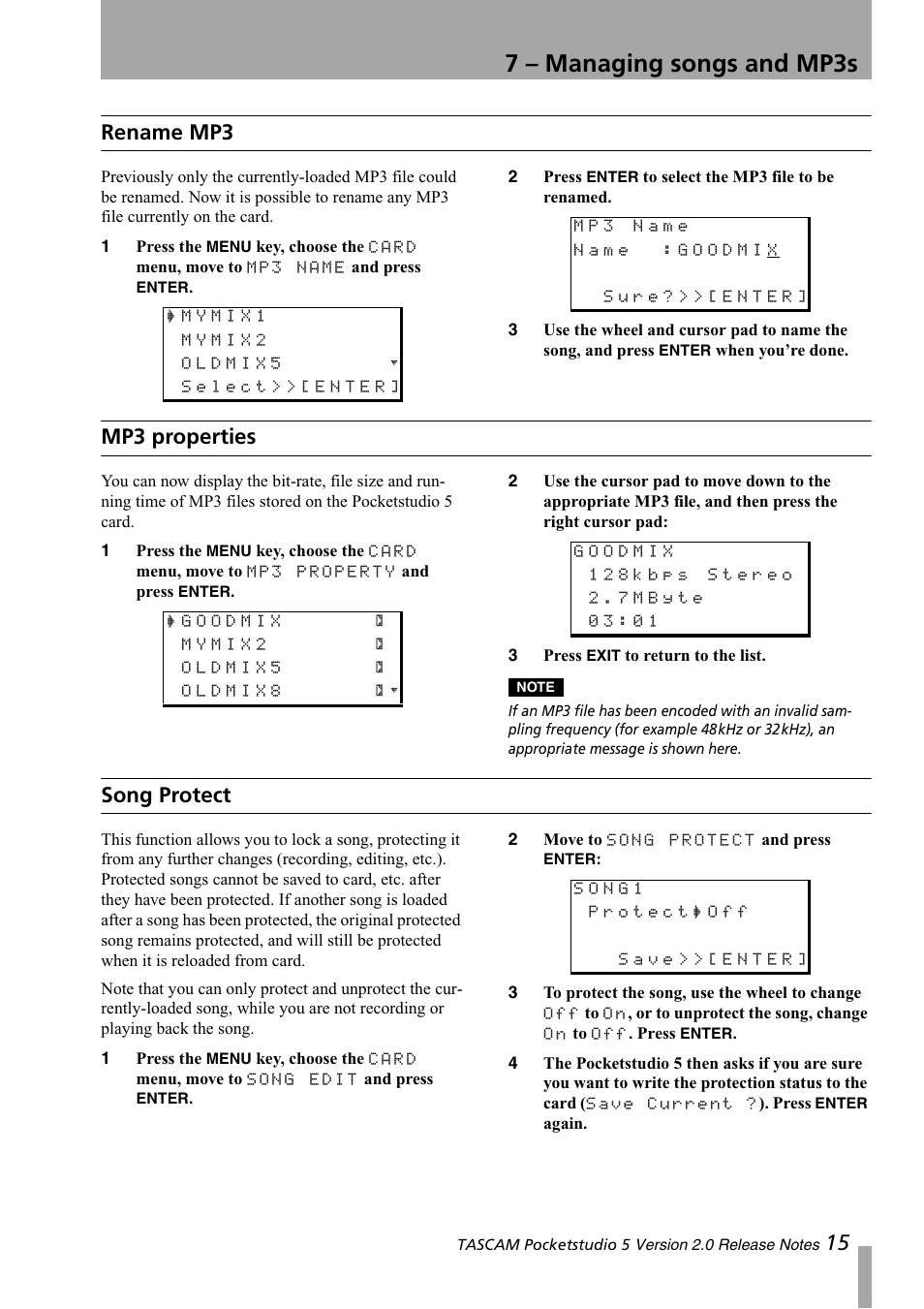 Rename mp3, Mp3 properties, Song protect | Rename mp3 mp3 properties song protect, 7 – managing songs and mp3s, 15 rename mp3 | Tascam 5 User Manual | Page 15 / 20