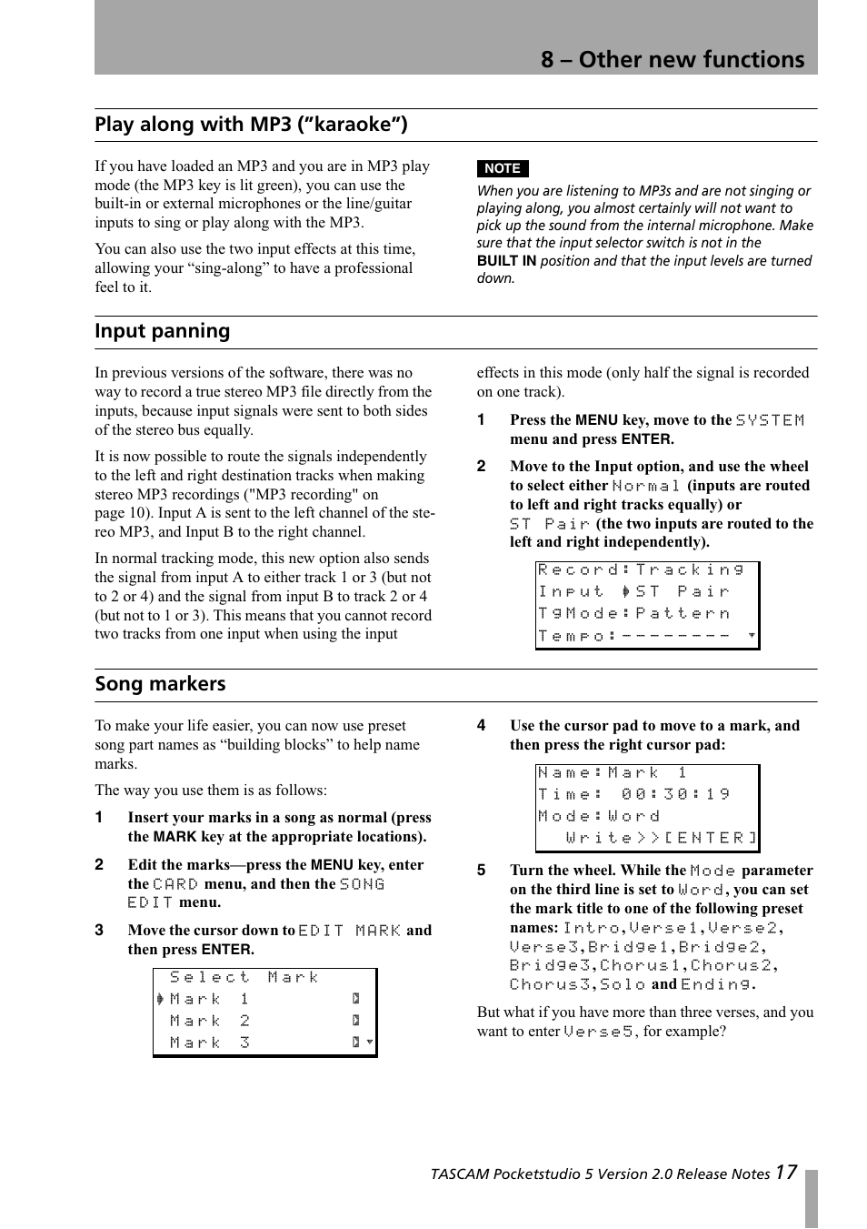 8 - other new functions, Play along with mp3 (”karaoke”), Input panning | Song markers, 8 – other new functions | Tascam 5 User Manual | Page 17 / 20