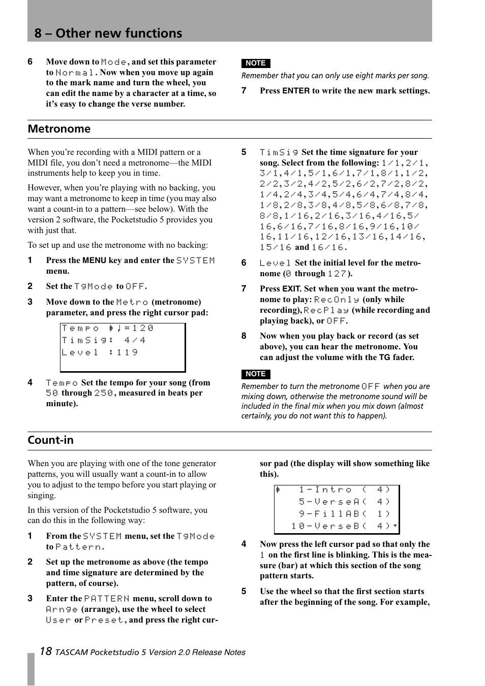 Metronome, Count-in, Metronome count-in | 8 – other new functions | Tascam 5 User Manual | Page 18 / 20