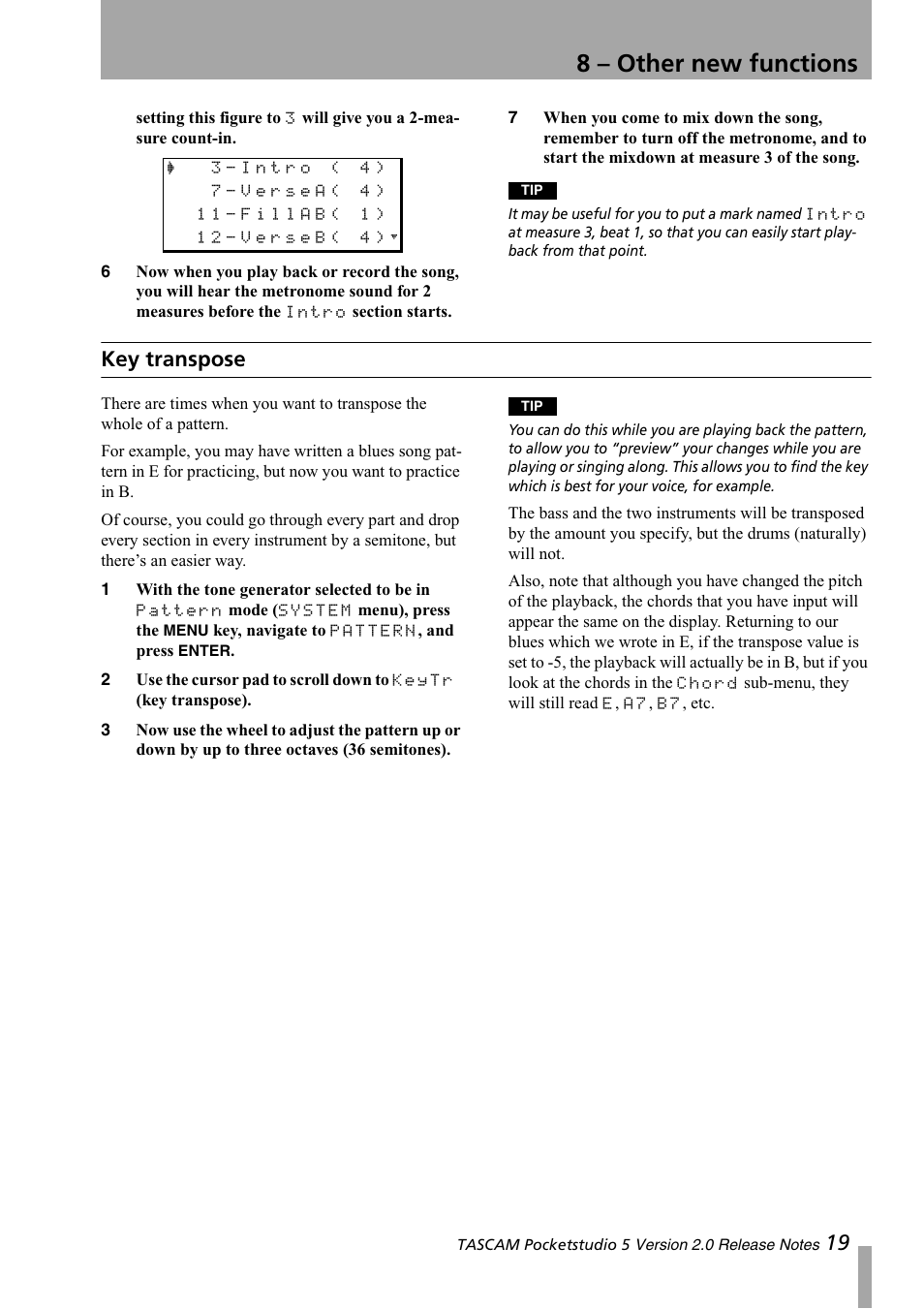 Key transpose, 8 – other new functions | Tascam 5 User Manual | Page 19 / 20