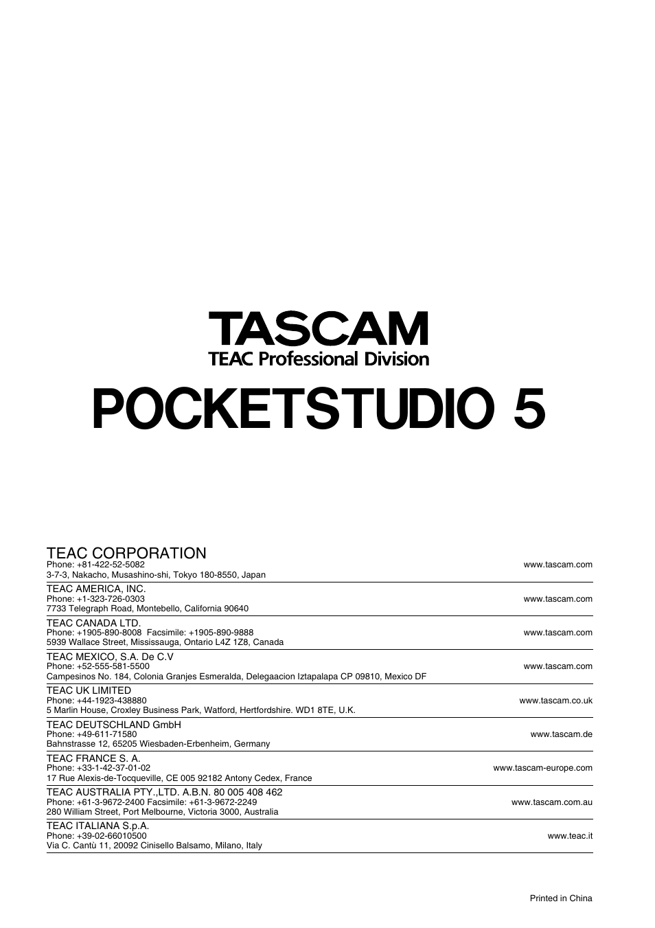 Pocketstudio 5, Teac corporation | Tascam 5 User Manual | Page 20 / 20