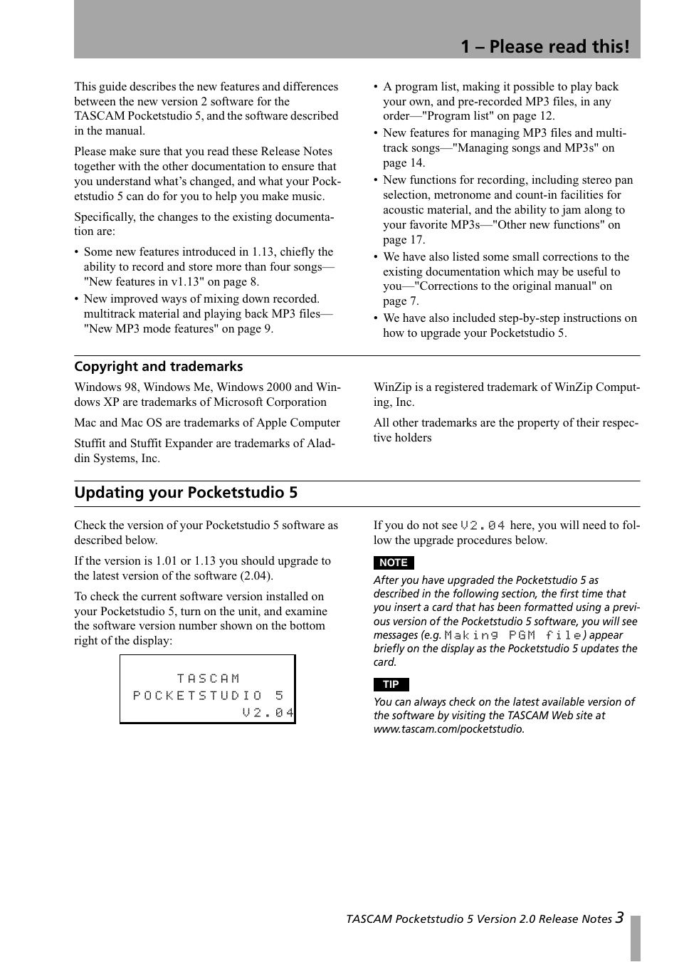 1 - please read this, Copyright and trademarks, Updating your pocketstudio 5 | 1 – please read this | Tascam 5 User Manual | Page 3 / 20