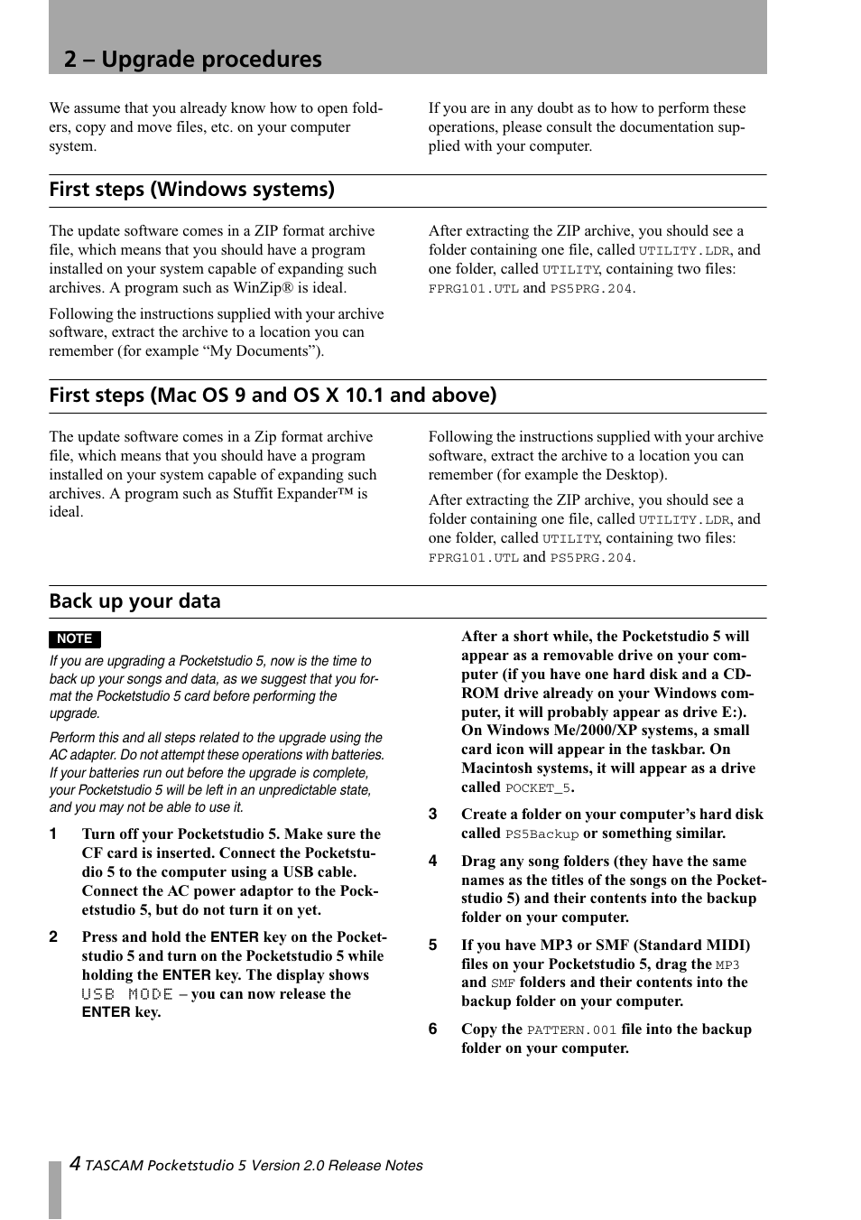 2 - upgrade procedures, First steps (windows systems), First steps (mac os 9 and os x 10.1 and above) | Back up your data, 2 – upgrade procedures, Above) | Tascam 5 User Manual | Page 4 / 20