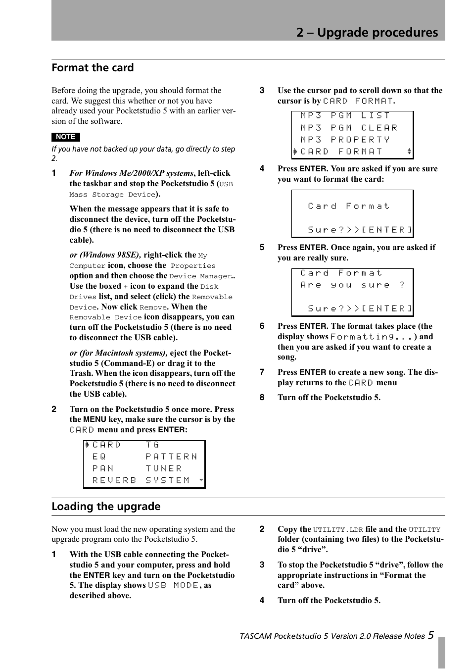 Format the card, Loading the upgrade, Format the card loading the upgrade | 2 – upgrade procedures, 5format the card | Tascam 5 User Manual | Page 5 / 20