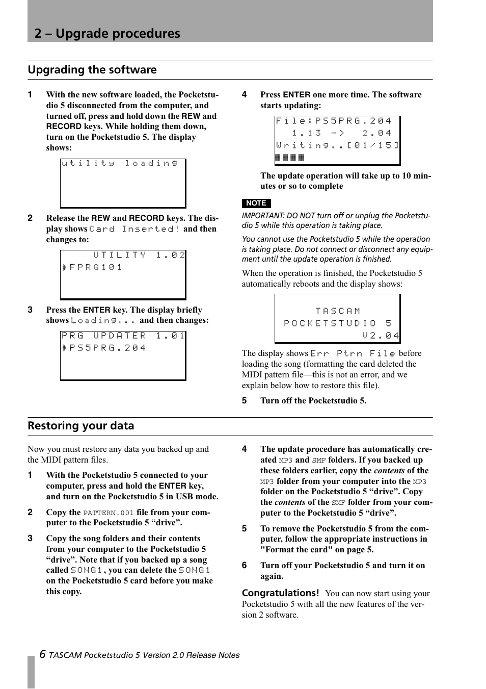 Upgrading the software, Restoring your data, Upgrading the software restoring your data | 2 – upgrade procedures | Tascam 5 User Manual | Page 6 / 20