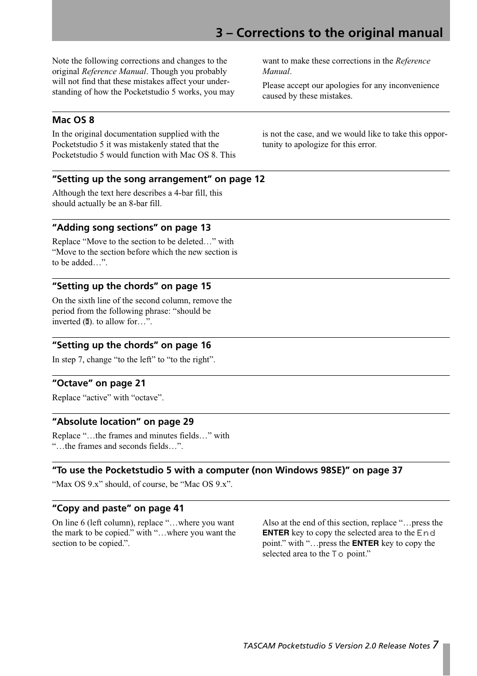 3 - corrections to the original manual, Mac os 8, 3 – corrections to the original manual | Mac os 8 “setting up the song arrangement | Tascam 5 User Manual | Page 7 / 20