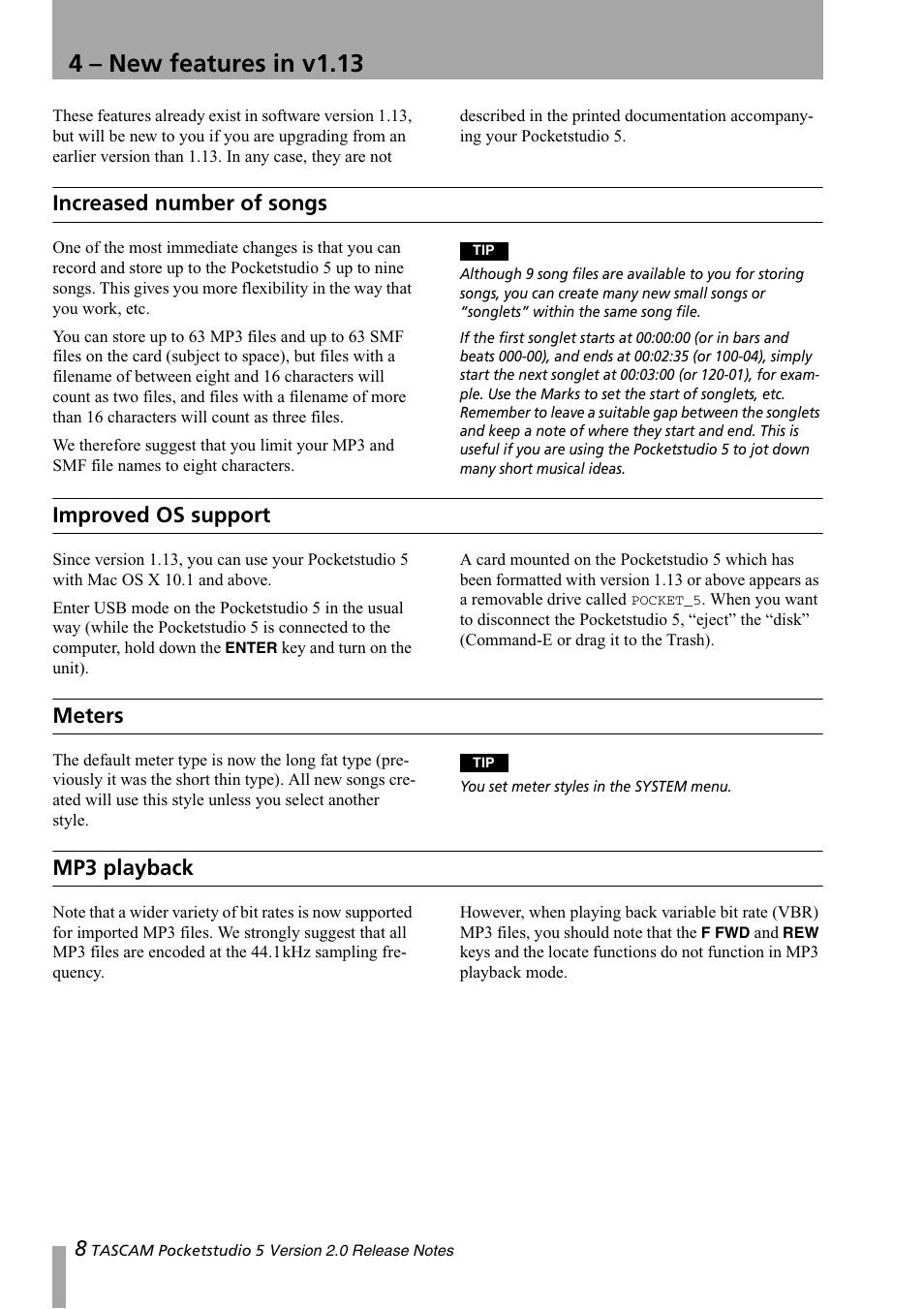 4 - new features in v1.13, Increased number of songs, Improved os support | Meters, Mp3 playback, 4 – new features in v1.13 | Tascam 5 User Manual | Page 8 / 20