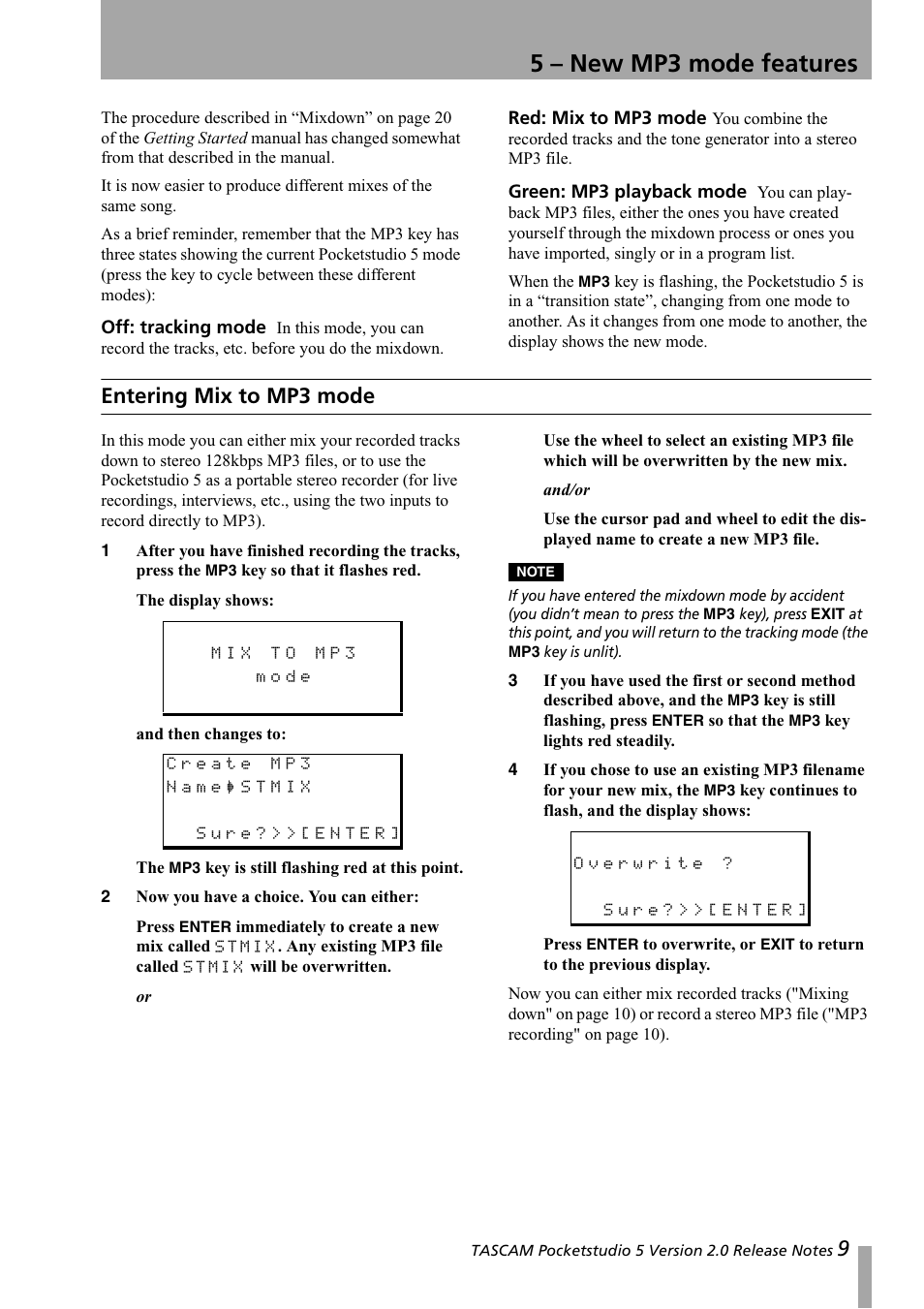 5 - new mp3 mode features, Entering mix to mp3 mode, 5 – new mp3 mode features | Tascam 5 User Manual | Page 9 / 20