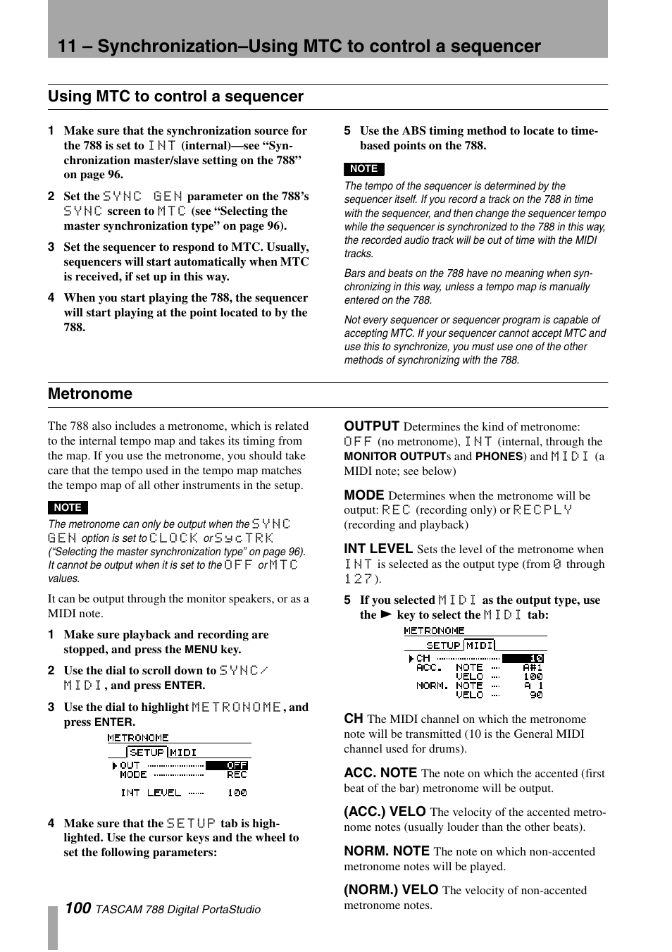 Using mtc to control a sequencer, Metronome, Output | Mode, Int level, Acc. note, Acc.) velo, Norm. note, Norm.) velo, Using mtc to control a sequencer metronome | Tascam 788 User Manual | Page 100 / 128