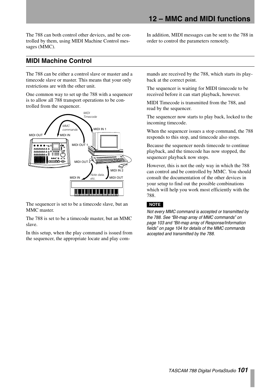 12 – mmc and midi functions, Midi machine control | Tascam 788 User Manual | Page 101 / 128