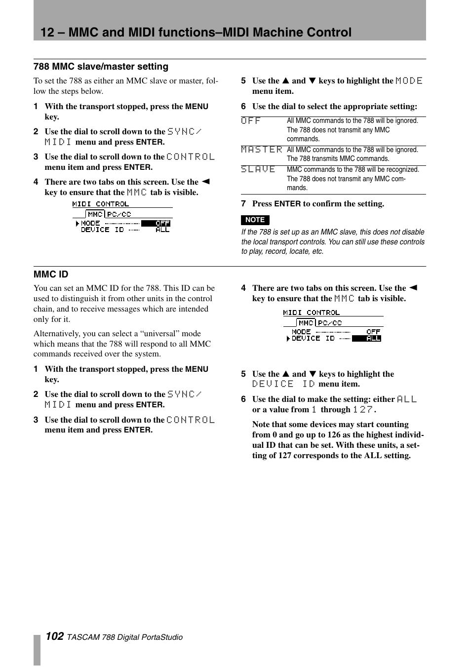 788 mmc slave/master setting, Mmc id, 788 mmc slave/master setting mmc id | 12 – mmc and midi functions–midi machine control | Tascam 788 User Manual | Page 102 / 128