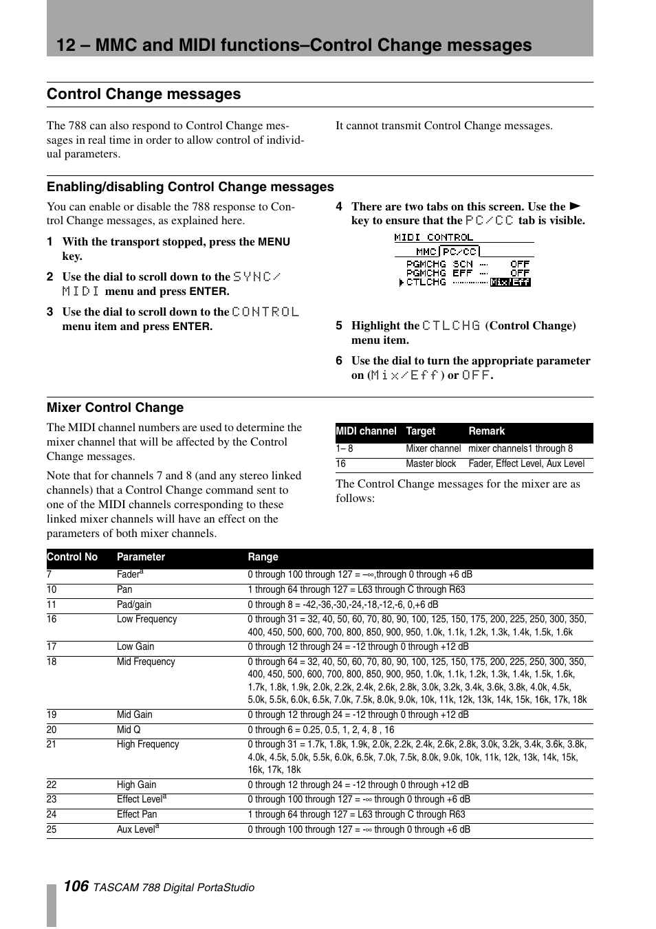 Control change messages, Enabling/disabling control change messages, Mixer control change | Tascam 788 User Manual | Page 106 / 128
