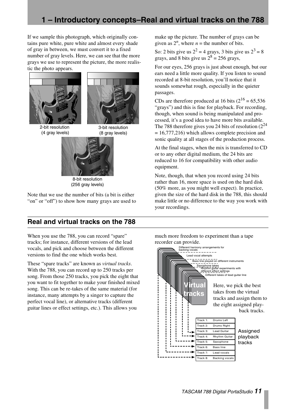 Real and virtual tracks on the 788, Virtual tracks, Where n = the number of bits. so: 2 bits give us 2 | 4 grays, 3 bits give us 2, 8 grays, and 8 bits give us 2 | Tascam 788 User Manual | Page 11 / 128