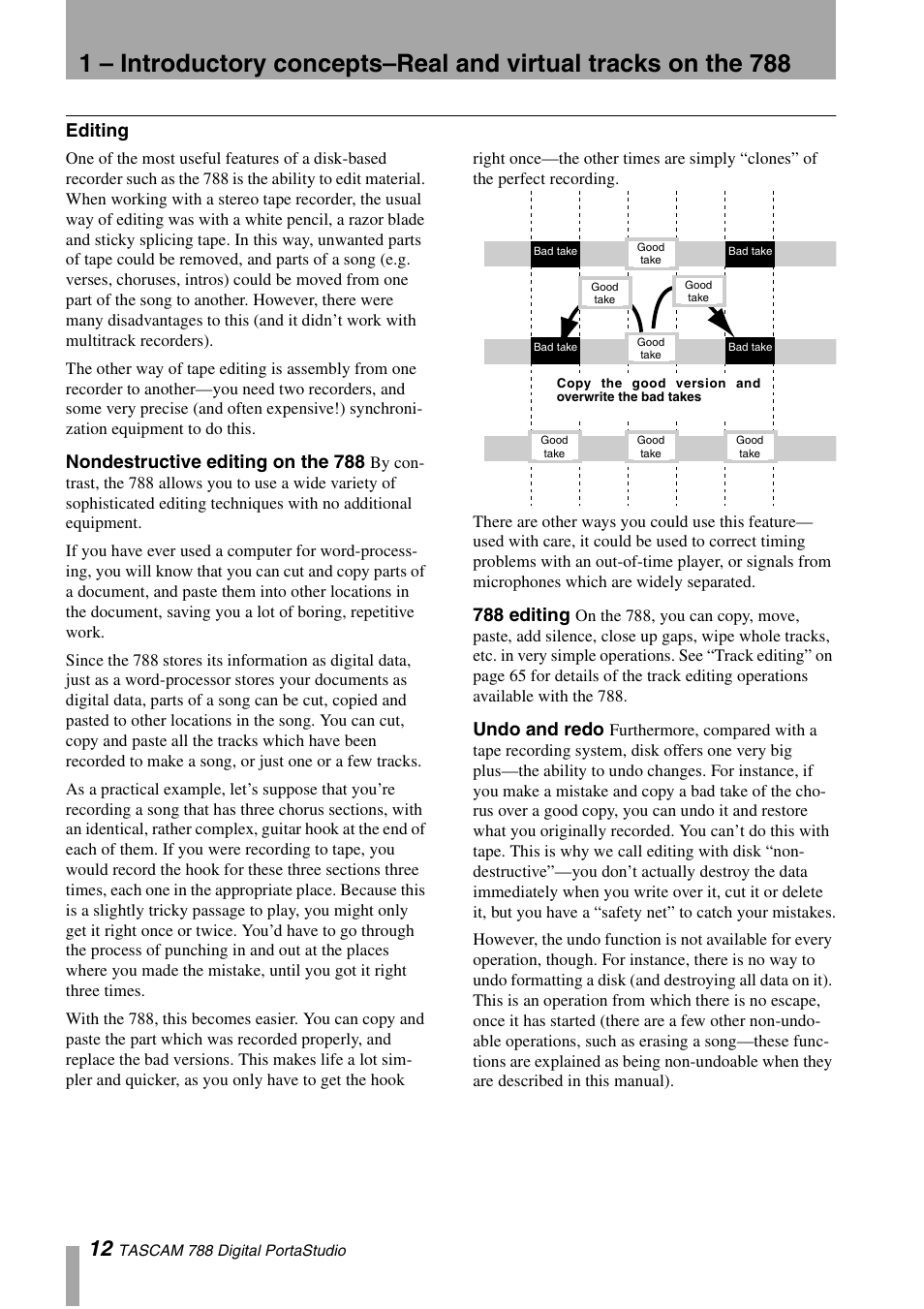 Editing, Nondestructive editing on the 788, 788 editing | Undo and redo | Tascam 788 User Manual | Page 12 / 128