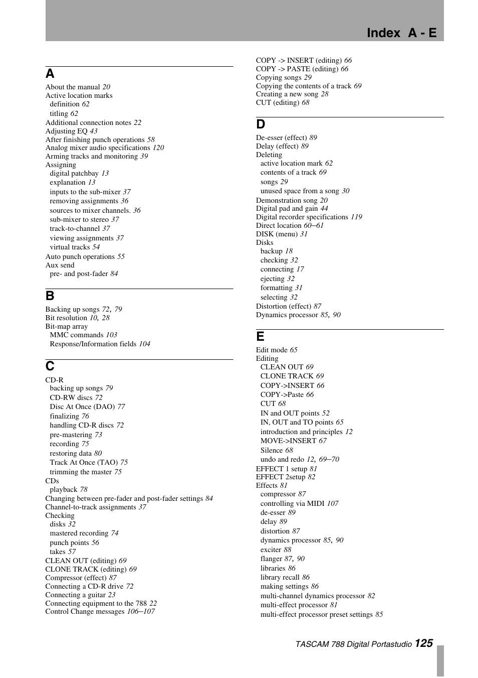 Index, Index a - e | Tascam 788 User Manual | Page 125 / 128