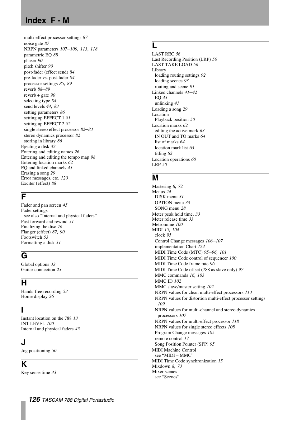 Index f - m | Tascam 788 User Manual | Page 126 / 128