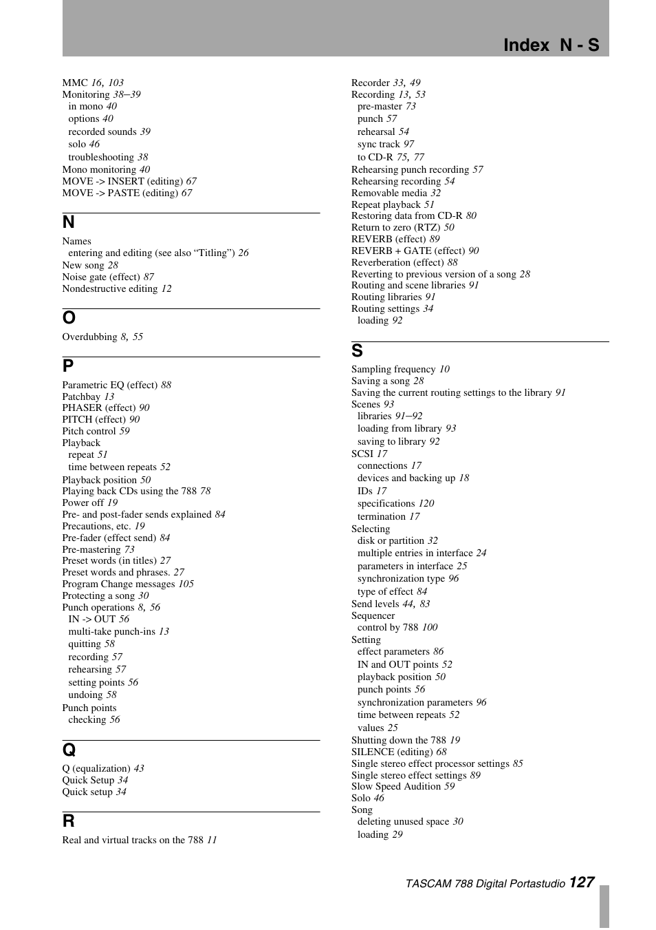 Index n - s | Tascam 788 User Manual | Page 127 / 128