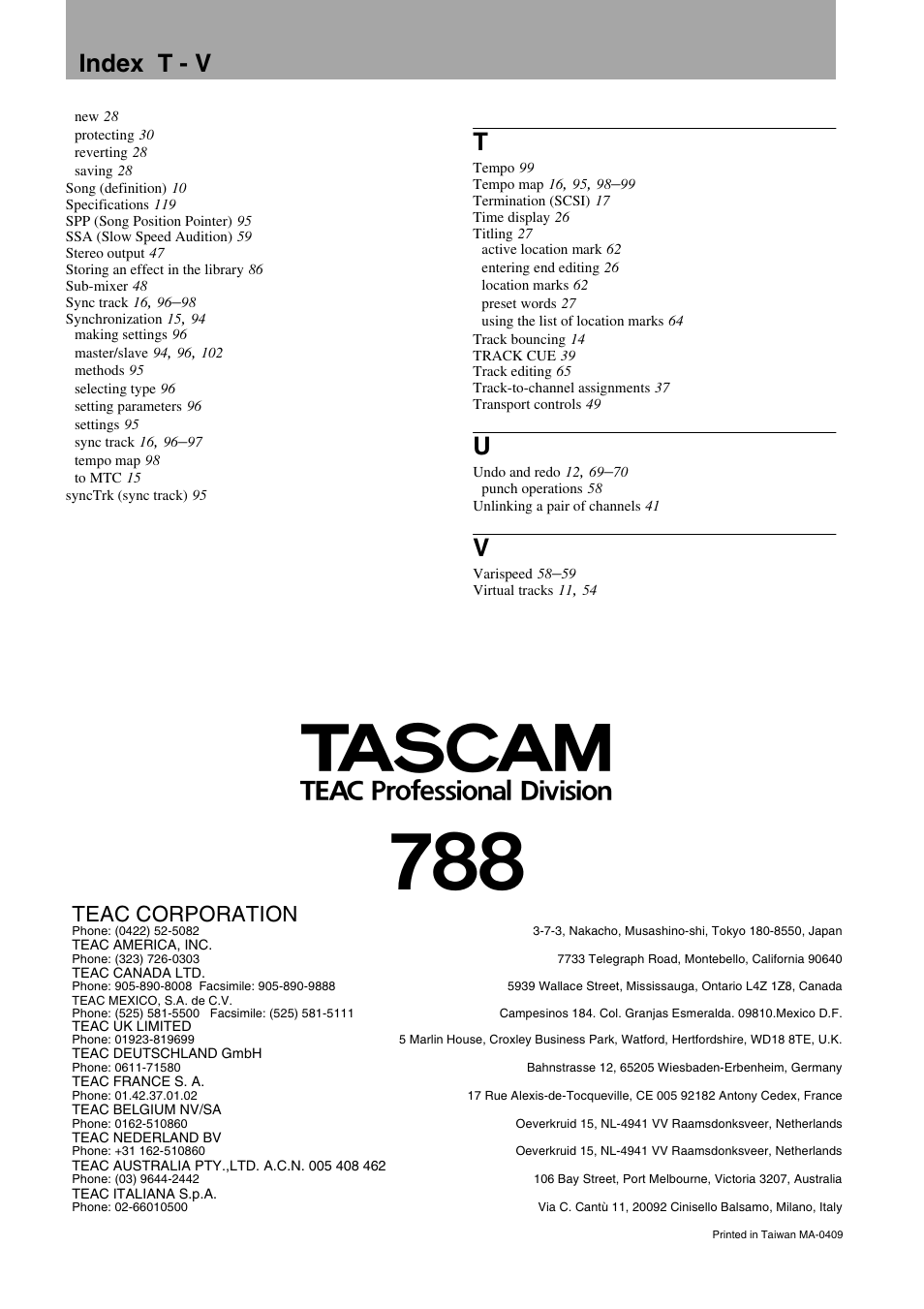 Index t - v, Teac corporation | Tascam 788 User Manual | Page 128 / 128