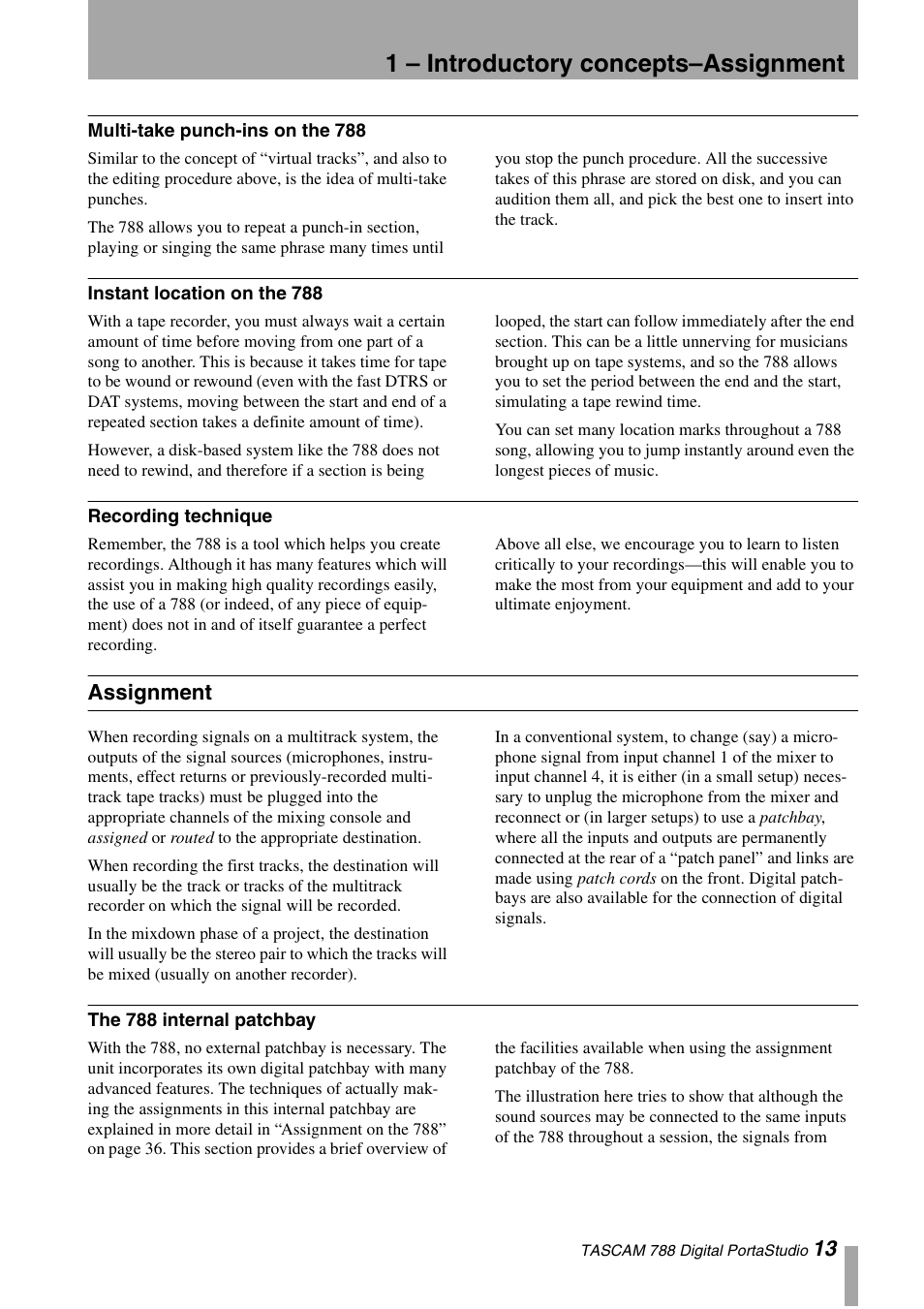 Multi-take punch-ins on the 788, Instant location on the 788, Recording technique | Assignment, The 788 internal patchbay, 1 – introductory concepts–assignment | Tascam 788 User Manual | Page 13 / 128